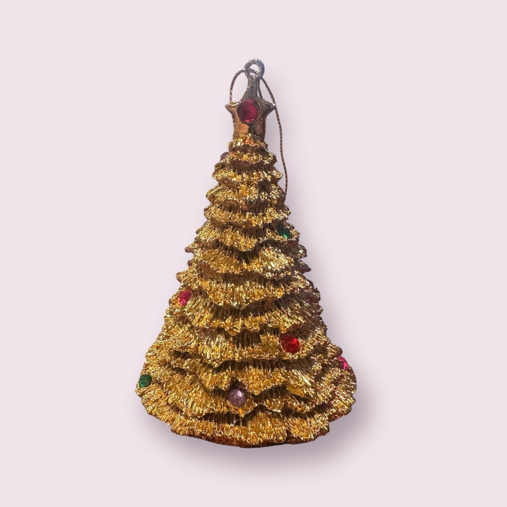 Avon 1996 Gold Tone Textured Christmas Tree Ornament With Rhinestone Accents - Picture 3 of 9